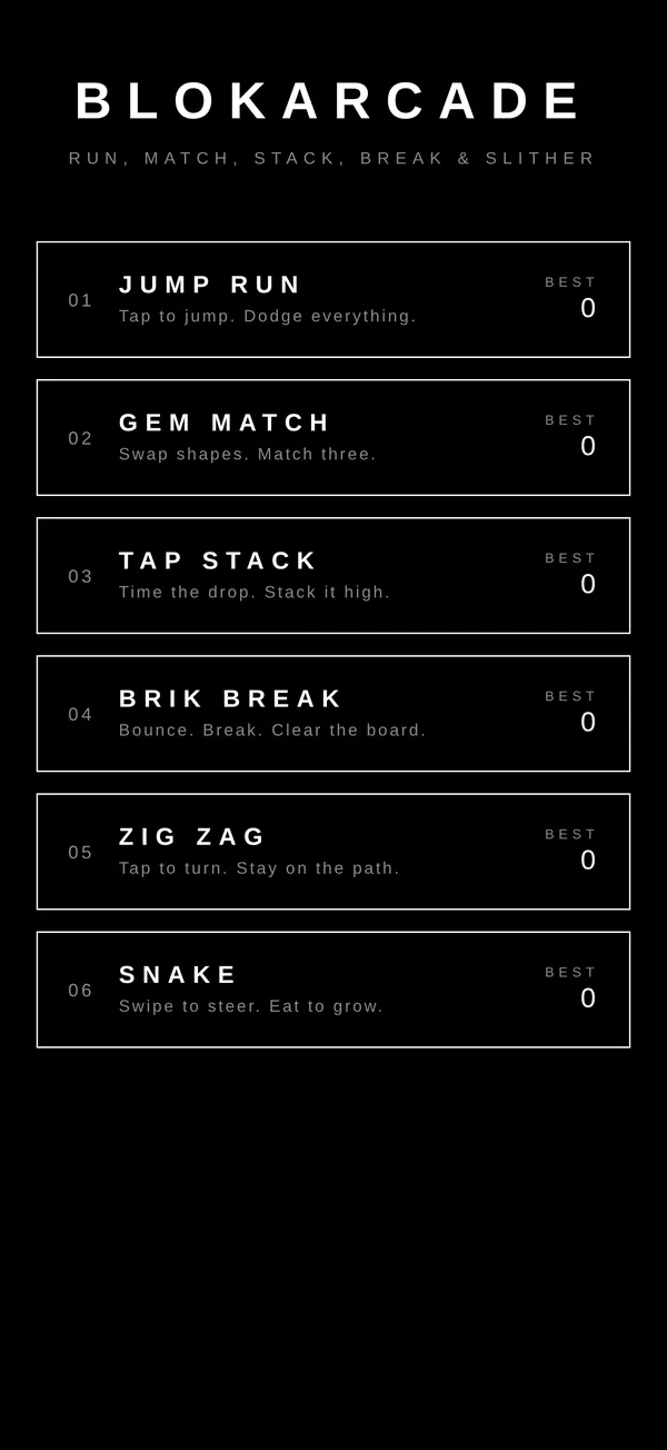 The BlokArcade hub: the six games listed with a best score for each