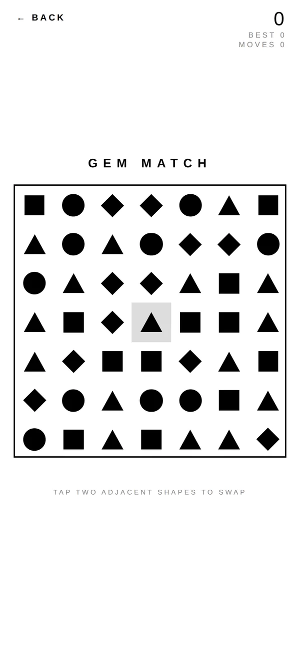 Gem Match: a grid of black shapes to swap into lines of three